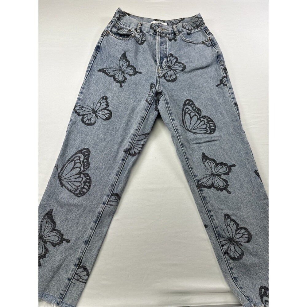 Pacsun Women's High Rise Straight Leg Denim Jeans Butterfly Print, Size 28